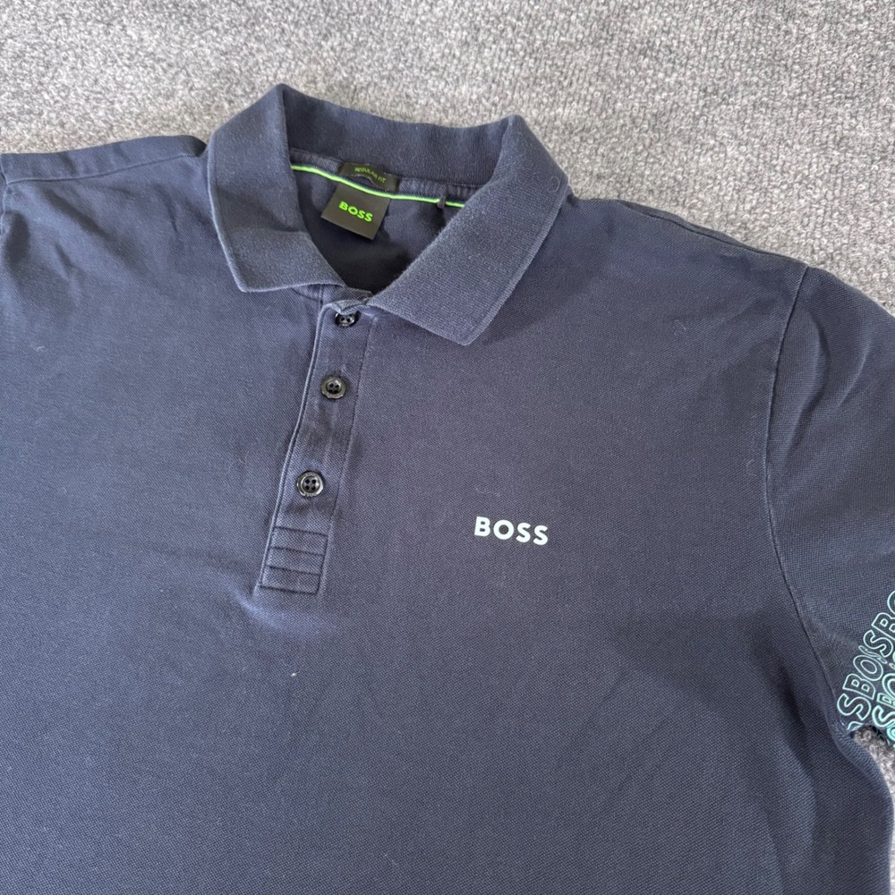 Hugo Boss Polo Shirt Mens XL Logo Tape Sleeve Cotton Regular Fit Navy Blue
